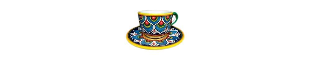 Ceramic Cappuccino cup and Saucer with Peacock's feathers