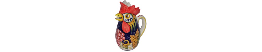Brocca gallo in ceramica con decoro Frutta fondo blu