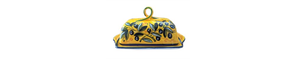 Ceramic butter dish with olives pattern, handmade and handpainted in our factory in Deruta