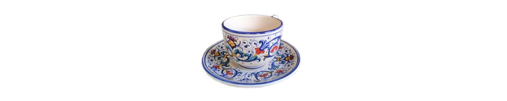 Ceramic cappuccino cup and saucer with Bargello reproduction pattern